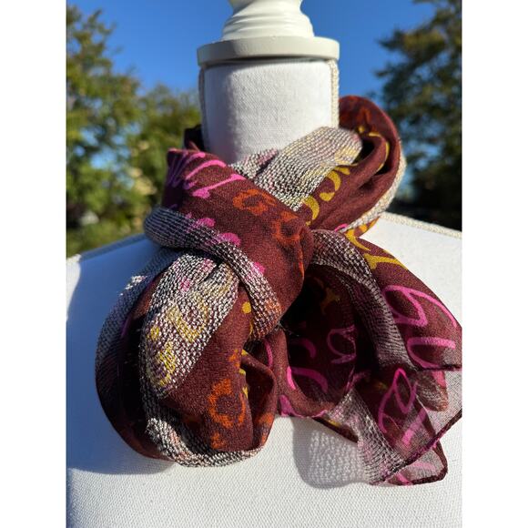 MSRP $330✨ Gucci Metallic Logo Scarf Wrap – 70” x 20” | Brown Pink Chartreuse ✨ - Picture 5 of 10